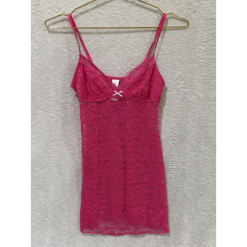 Forever 21 Hot Pink Floral Lace Mesh Lingerie Top Size Small Bow Adj‎ Strap